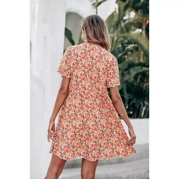 imagePRETTYGARDEN Summer Dress for Women 2023 Short Sleeve V Neck Ruffle Floral Swing ALine Short DressesOrange Pink