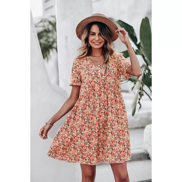 imagePRETTYGARDEN Summer Dress for Women 2023 Short Sleeve V Neck Ruffle Floral Swing ALine Short DressesOrange Pink