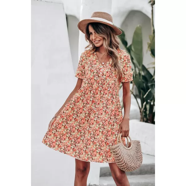 imagePRETTYGARDEN Summer Dress for Women 2023 Short Sleeve V Neck Ruffle Floral Swing ALine Short DressesOrange Pink