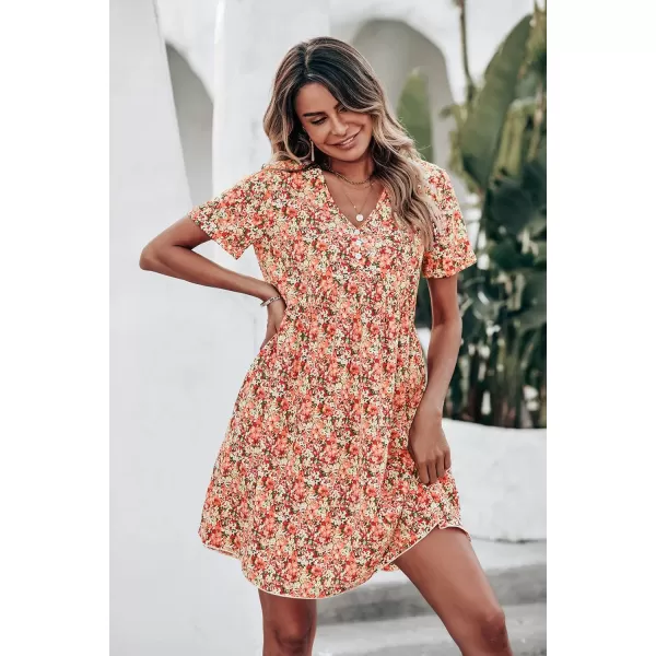imagePRETTYGARDEN Summer Dress for Women 2023 Short Sleeve V Neck Ruffle Floral Swing ALine Short DressesOrange Pink