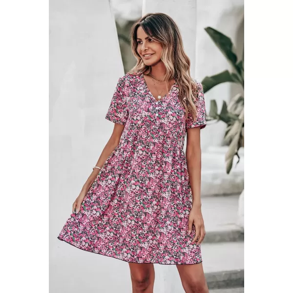 imagePRETTYGARDEN Summer Dress for Women 2023 Short Sleeve V Neck Ruffle Floral Swing ALine Short DressesPink