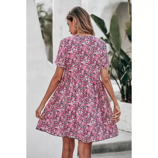 imagePRETTYGARDEN Summer Dress for Women 2023 Short Sleeve V Neck Ruffle Floral Swing ALine Short DressesPink