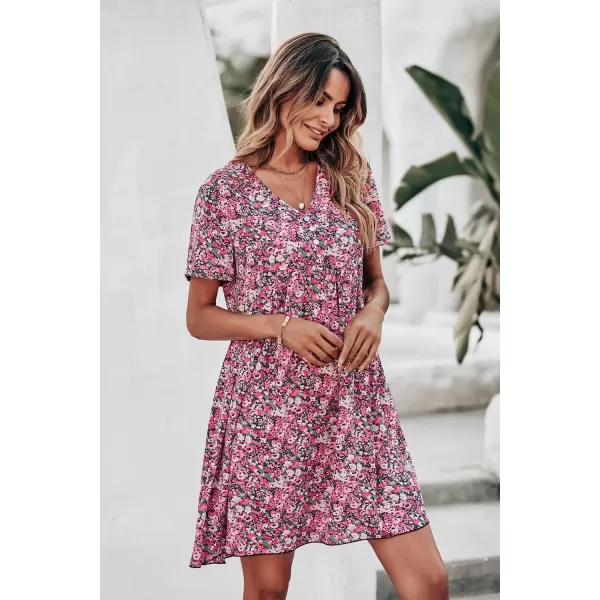 imagePRETTYGARDEN Summer Dress for Women 2023 Short Sleeve V Neck Ruffle Floral Swing ALine Short DressesPink
