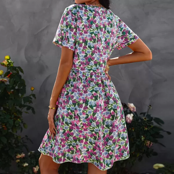 imagePRETTYGARDEN Summer Dress for Women 2023 Short Sleeve V Neck Ruffle Floral Swing ALine Short DressesPurple