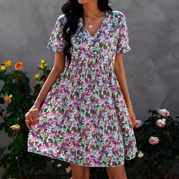 imagePRETTYGARDEN Summer Dress for Women 2023 Short Sleeve V Neck Ruffle Floral Swing ALine Short DressesPurple