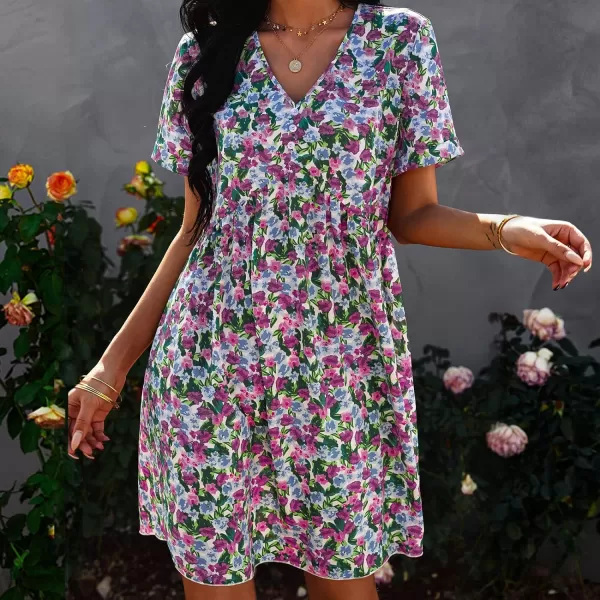 imagePRETTYGARDEN Summer Dress for Women 2023 Short Sleeve V Neck Ruffle Floral Swing ALine Short DressesPurple