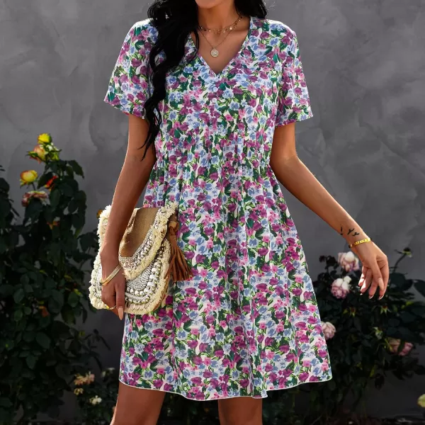 imagePRETTYGARDEN Summer Dress for Women 2023 Short Sleeve V Neck Ruffle Floral Swing ALine Short DressesPurple