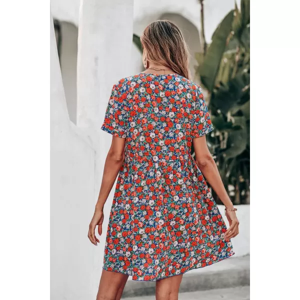 imagePRETTYGARDEN Summer Dress for Women 2023 Short Sleeve V Neck Ruffle Floral Swing ALine Short DressesRed