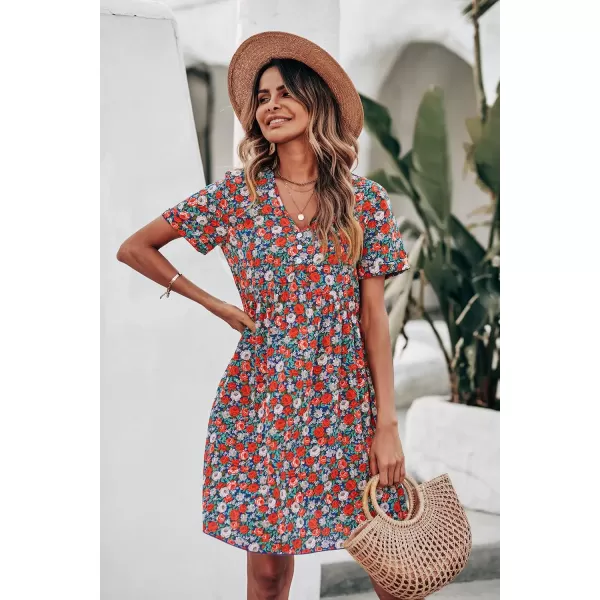 imagePRETTYGARDEN Summer Dress for Women 2023 Short Sleeve V Neck Ruffle Floral Swing ALine Short DressesRed