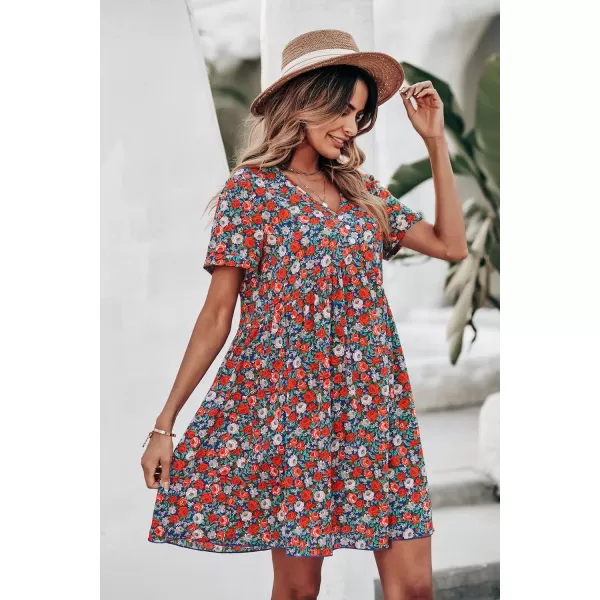 imagePRETTYGARDEN Summer Dress for Women 2023 Short Sleeve V Neck Ruffle Floral Swing ALine Short DressesRed