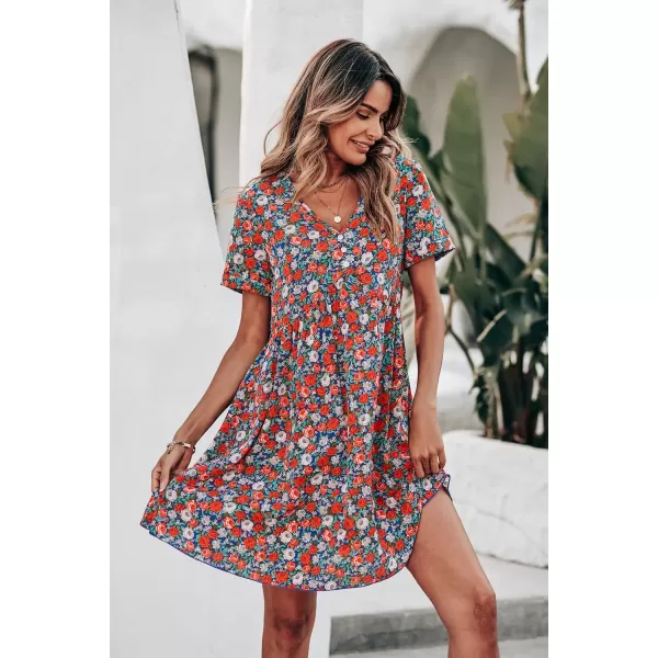 imagePRETTYGARDEN Summer Dress for Women 2023 Short Sleeve V Neck Ruffle Floral Swing ALine Short DressesRed