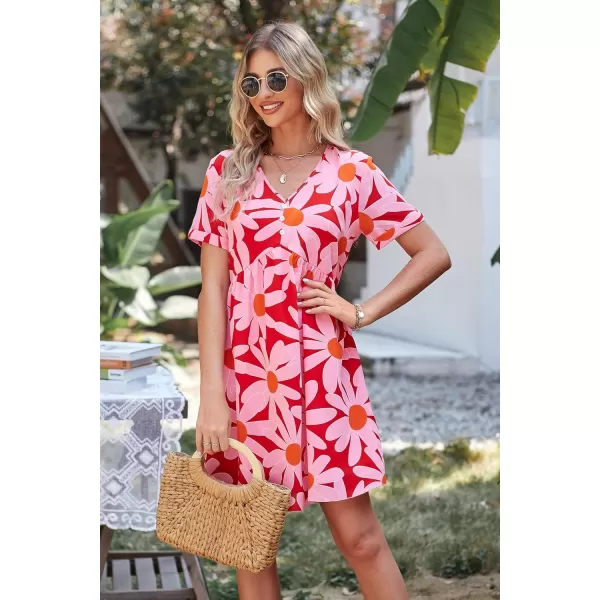 imagePRETTYGARDEN Summer Dress for Women 2023 Short Sleeve V Neck Ruffle Floral Swing ALine Short DressesRed Floral