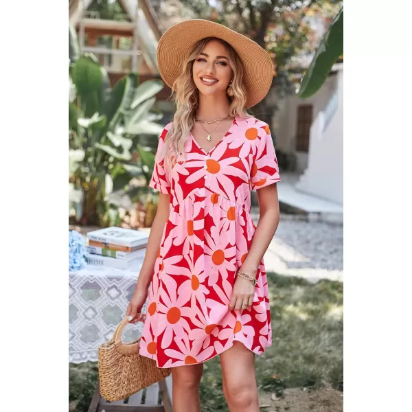 imagePRETTYGARDEN Summer Dress for Women 2023 Short Sleeve V Neck Ruffle Floral Swing ALine Short DressesRed Floral