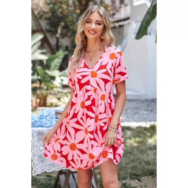 imagePRETTYGARDEN Summer Dress for Women 2023 Short Sleeve V Neck Ruffle Floral Swing ALine Short DressesRed Floral