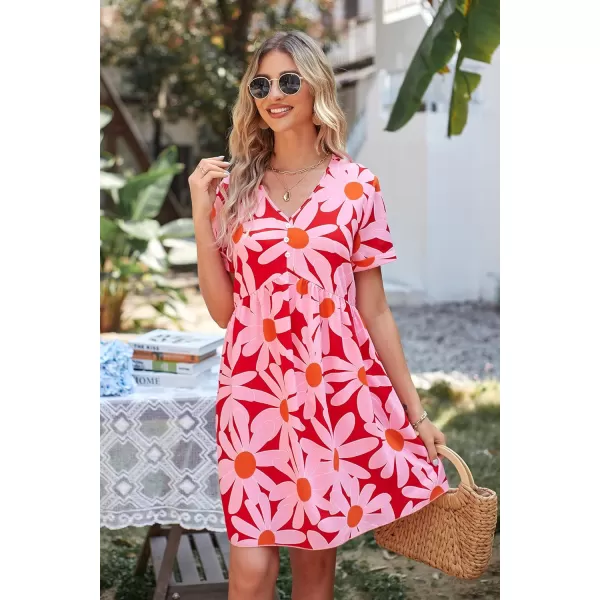 imagePRETTYGARDEN Summer Dress for Women 2023 Short Sleeve V Neck Ruffle Floral Swing ALine Short DressesRed Floral