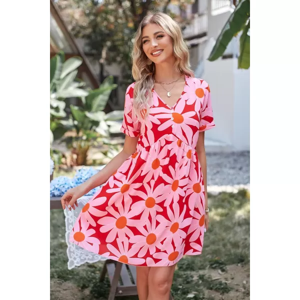 imagePRETTYGARDEN Summer Dress for Women 2023 Short Sleeve V Neck Ruffle Floral Swing ALine Short DressesRed Floral