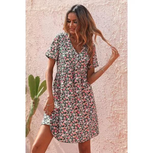 imagePRETTYGARDEN Summer Dress for Women 2023 Short Sleeve V Neck Ruffle Floral Swing ALine Short DressesRose Red