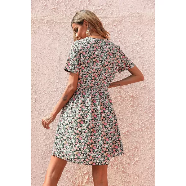imagePRETTYGARDEN Summer Dress for Women 2023 Short Sleeve V Neck Ruffle Floral Swing ALine Short DressesRose Red
