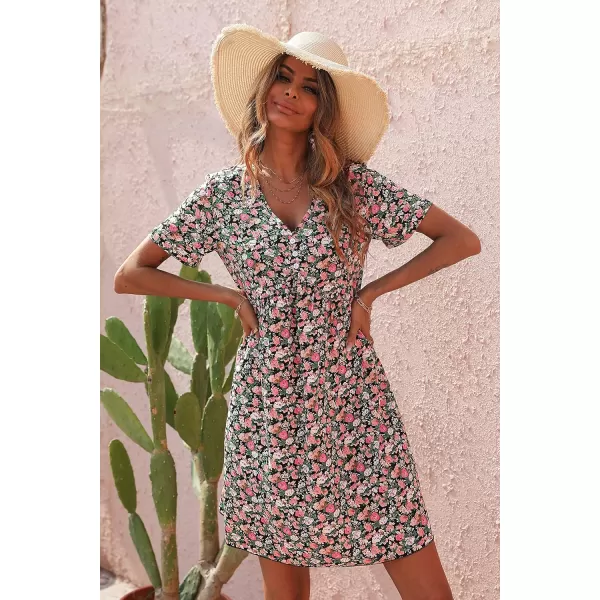 imagePRETTYGARDEN Summer Dress for Women 2023 Short Sleeve V Neck Ruffle Floral Swing ALine Short DressesRose Red