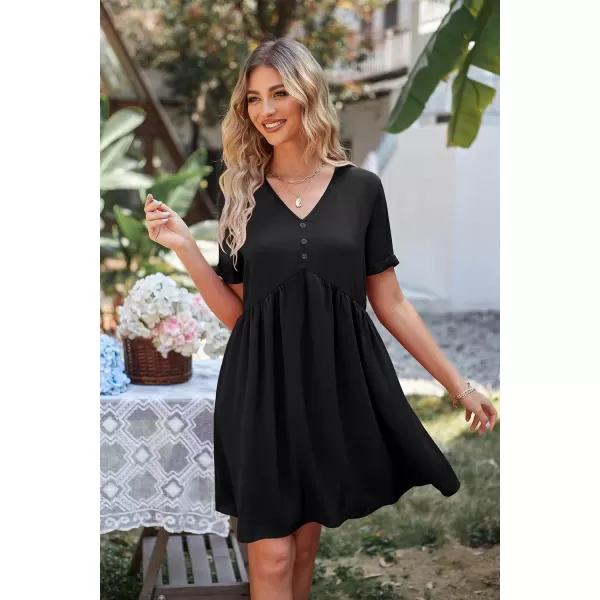 imagePRETTYGARDEN Summer Dress for Women 2023 Short Sleeve V Neck Ruffle Floral Swing ALine Short DressesSolid Black