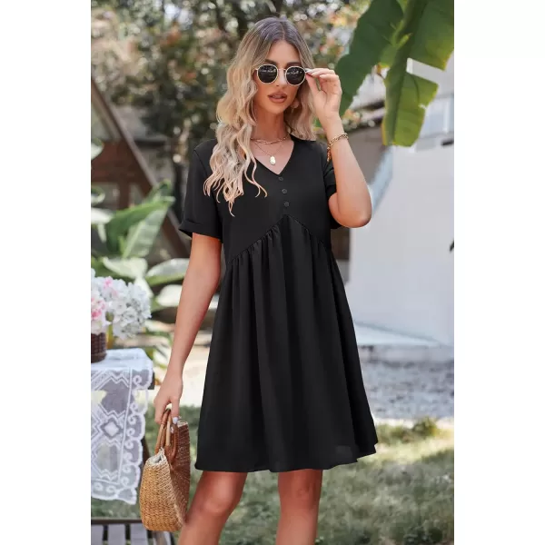 imagePRETTYGARDEN Summer Dress for Women 2023 Short Sleeve V Neck Ruffle Floral Swing ALine Short DressesSolid Black