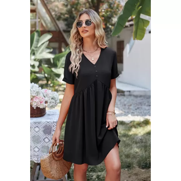 imagePRETTYGARDEN Summer Dress for Women 2023 Short Sleeve V Neck Ruffle Floral Swing ALine Short DressesSolid Black