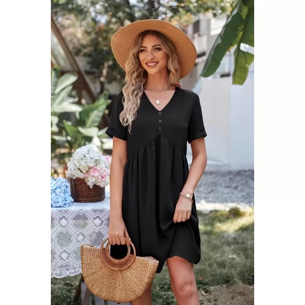 imagePRETTYGARDEN Summer Dress for Women 2023 Short Sleeve V Neck Ruffle Floral Swing ALine Short DressesSolid Black