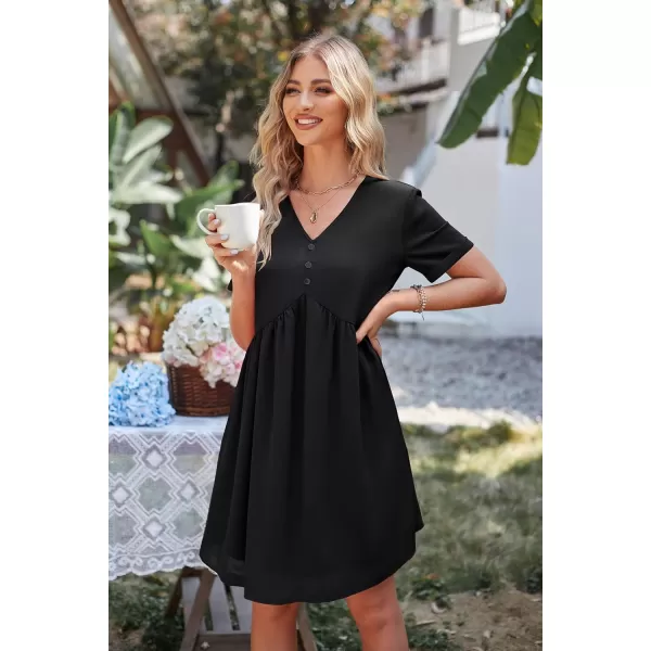 imagePRETTYGARDEN Summer Dress for Women 2023 Short Sleeve V Neck Ruffle Floral Swing ALine Short DressesSolid Black