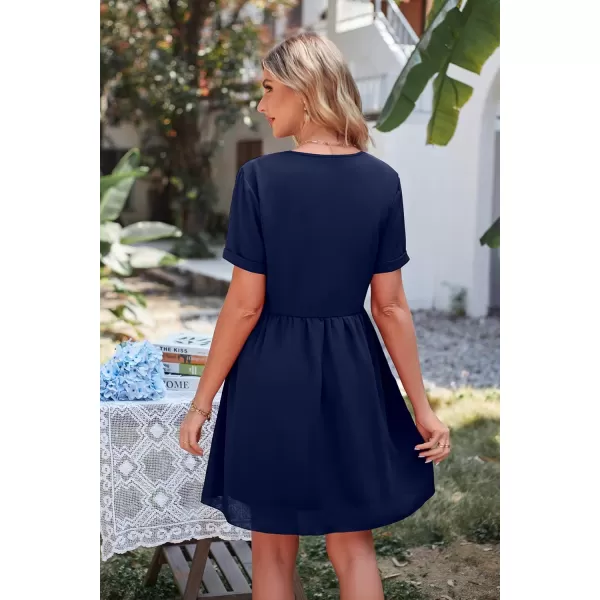 imagePRETTYGARDEN Summer Dress for Women 2023 Short Sleeve V Neck Ruffle Floral Swing ALine Short DressesSolid Navy