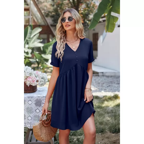 imagePRETTYGARDEN Summer Dress for Women 2023 Short Sleeve V Neck Ruffle Floral Swing ALine Short DressesSolid Navy