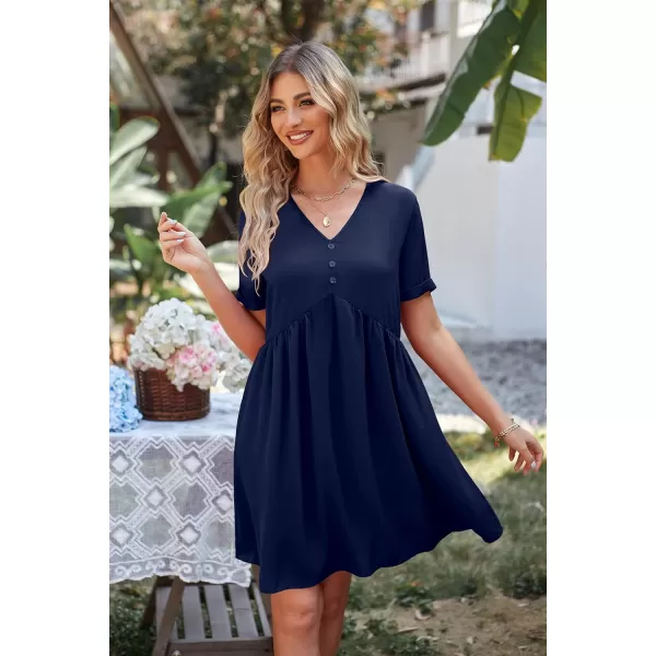imagePRETTYGARDEN Summer Dress for Women 2023 Short Sleeve V Neck Ruffle Floral Swing ALine Short DressesSolid Navy
