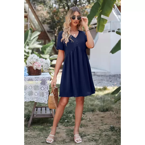 imagePRETTYGARDEN Summer Dress for Women 2023 Short Sleeve V Neck Ruffle Floral Swing ALine Short DressesSolid Navy