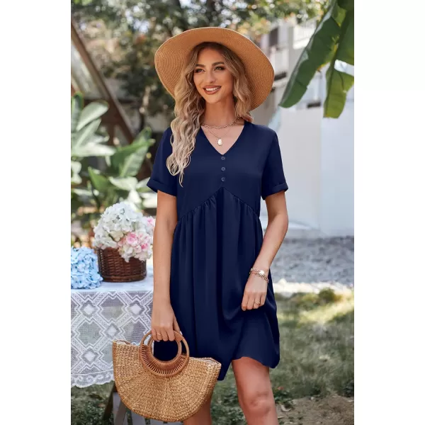 imagePRETTYGARDEN Summer Dress for Women 2023 Short Sleeve V Neck Ruffle Floral Swing ALine Short DressesSolid Navy