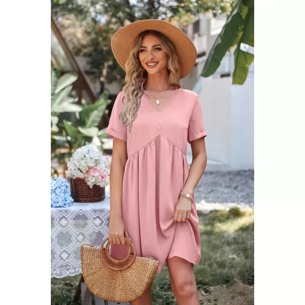 imagePRETTYGARDEN Summer Dress for Women 2023 Short Sleeve V Neck Ruffle Floral Swing ALine Short DressesSolid Pink