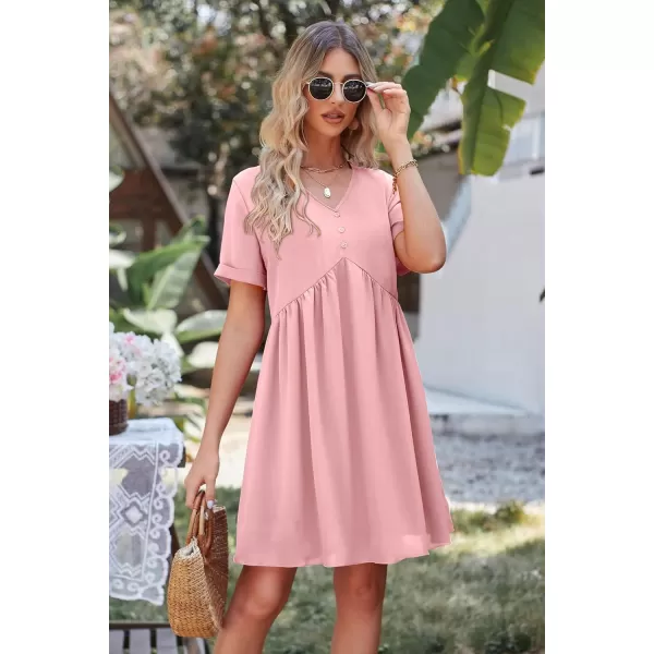 imagePRETTYGARDEN Summer Dress for Women 2023 Short Sleeve V Neck Ruffle Floral Swing ALine Short DressesSolid Pink