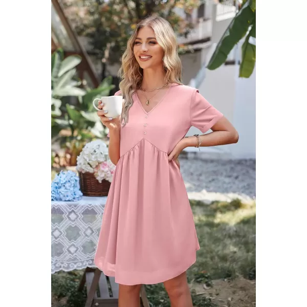 imagePRETTYGARDEN Summer Dress for Women 2023 Short Sleeve V Neck Ruffle Floral Swing ALine Short DressesSolid Pink