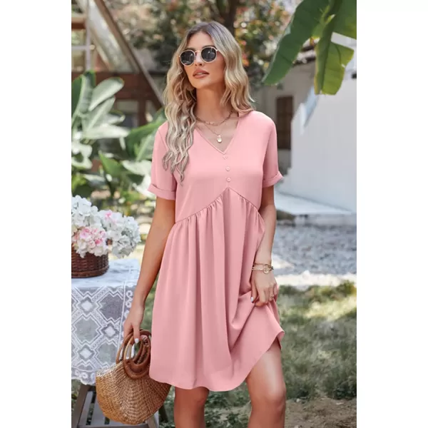 imagePRETTYGARDEN Summer Dress for Women 2023 Short Sleeve V Neck Ruffle Floral Swing ALine Short DressesSolid Pink