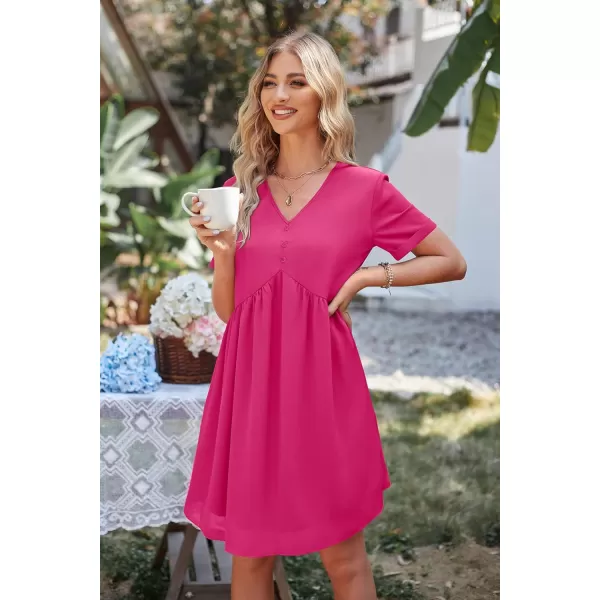 imagePRETTYGARDEN Summer Dress for Women 2023 Short Sleeve V Neck Ruffle Floral Swing ALine Short DressesSolid Rose Red