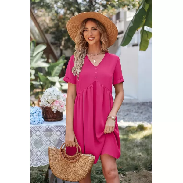 imagePRETTYGARDEN Summer Dress for Women 2023 Short Sleeve V Neck Ruffle Floral Swing ALine Short DressesSolid Rose Red