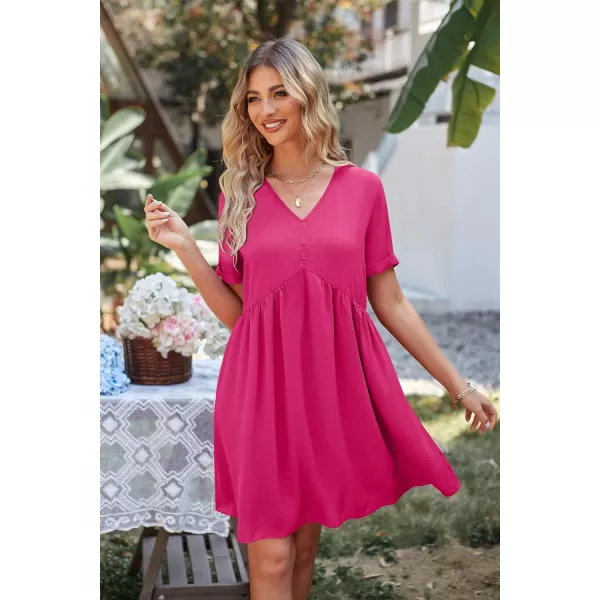 imagePRETTYGARDEN Summer Dress for Women 2023 Short Sleeve V Neck Ruffle Floral Swing ALine Short DressesSolid Rose Red