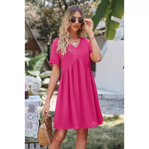 imagePRETTYGARDEN Summer Dress for Women 2023 Short Sleeve V Neck Ruffle Floral Swing ALine Short DressesSolid Rose Red