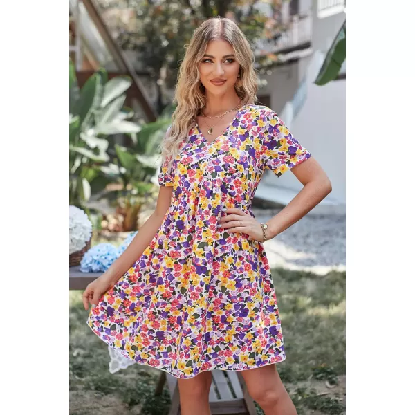 imagePRETTYGARDEN Summer Dress for Women 2023 Short Sleeve V Neck Ruffle Floral Swing ALine Short DressesWhite Purple Floral