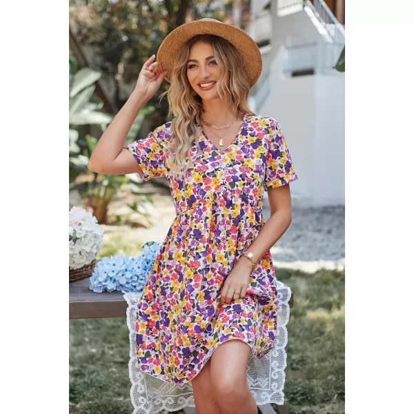 imagePRETTYGARDEN Summer Dress for Women 2023 Short Sleeve V Neck Ruffle Floral Swing ALine Short DressesWhite Purple Floral