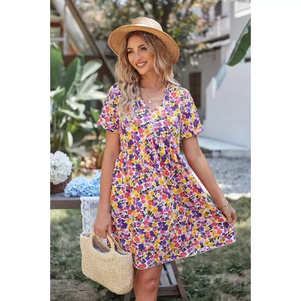 imagePRETTYGARDEN Summer Dress for Women 2023 Short Sleeve V Neck Ruffle Floral Swing ALine Short DressesWhite Purple Floral