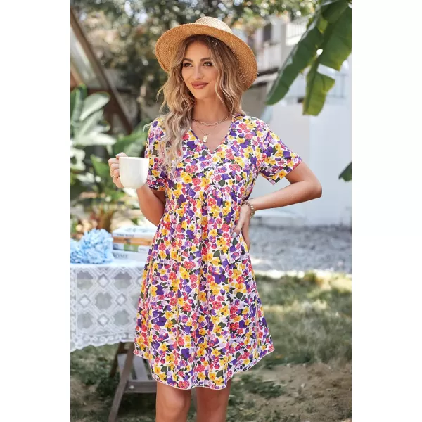 imagePRETTYGARDEN Summer Dress for Women 2023 Short Sleeve V Neck Ruffle Floral Swing ALine Short DressesWhite Purple Floral