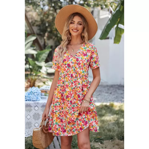imagePRETTYGARDEN Summer Dress for Women 2023 Short Sleeve V Neck Ruffle Floral Swing ALine Short DressesWhite Red Floral
