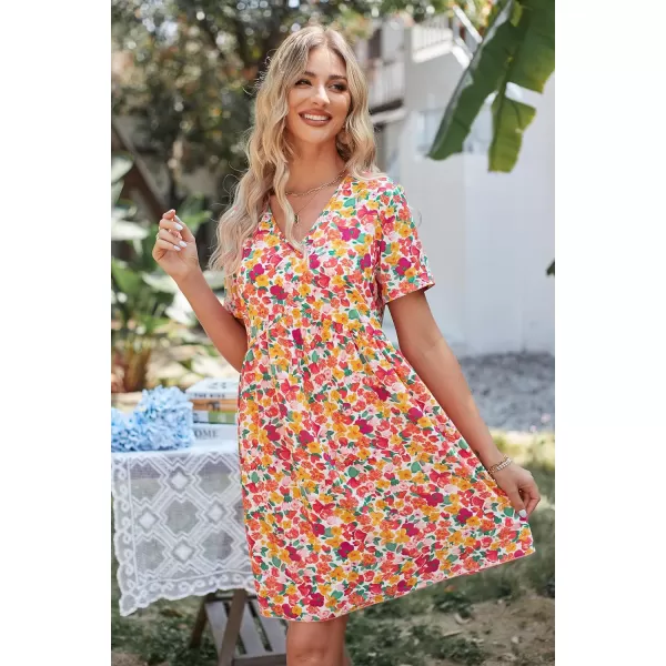 imagePRETTYGARDEN Summer Dress for Women 2023 Short Sleeve V Neck Ruffle Floral Swing ALine Short DressesWhite Red Floral
