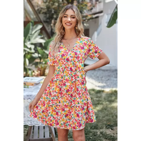 imagePRETTYGARDEN Summer Dress for Women 2023 Short Sleeve V Neck Ruffle Floral Swing ALine Short DressesWhite Red Floral