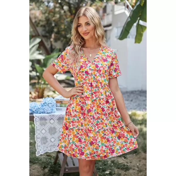 imagePRETTYGARDEN Summer Dress for Women 2023 Short Sleeve V Neck Ruffle Floral Swing ALine Short DressesWhite Red Floral