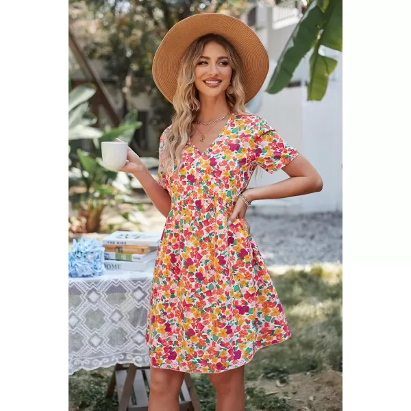 imagePRETTYGARDEN Summer Dress for Women 2023 Short Sleeve V Neck Ruffle Floral Swing ALine Short DressesWhite Red Floral